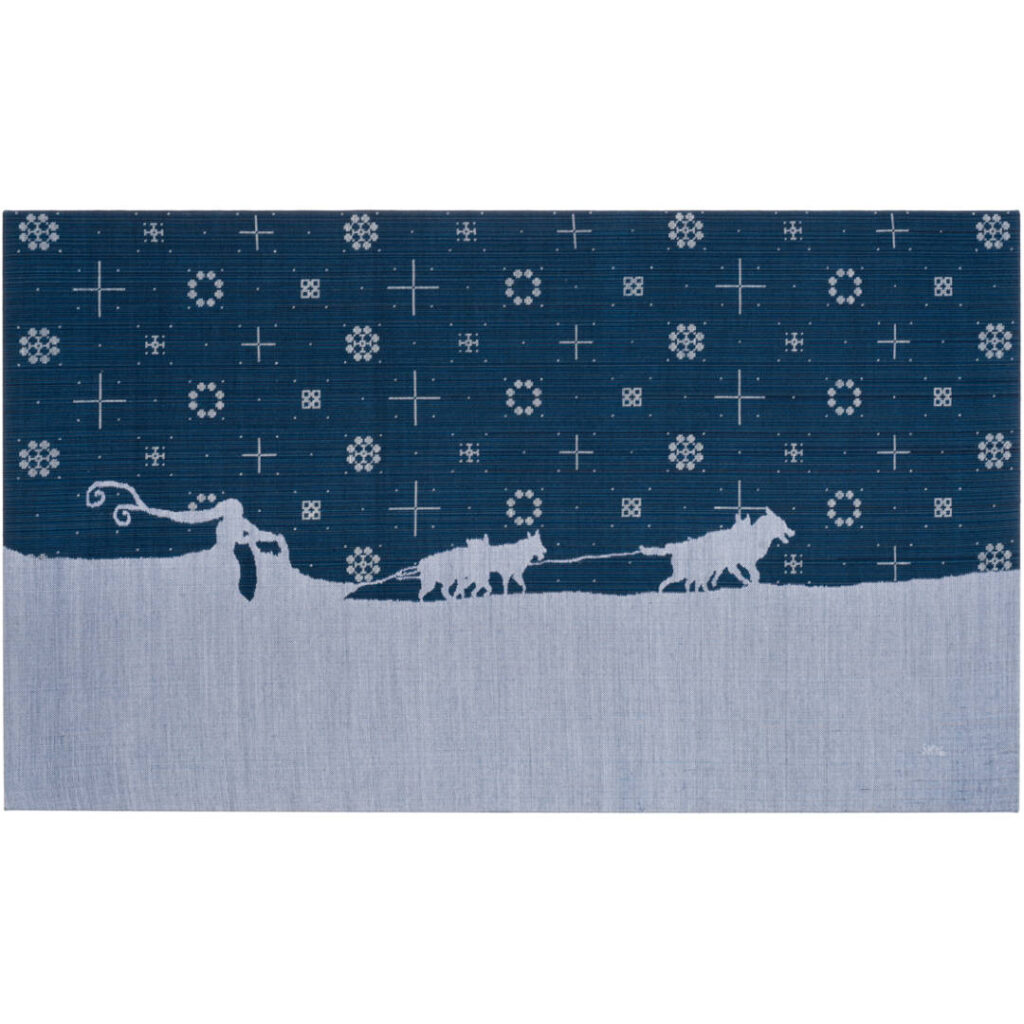 A dog sled pulling a girl on a sled in the snow.