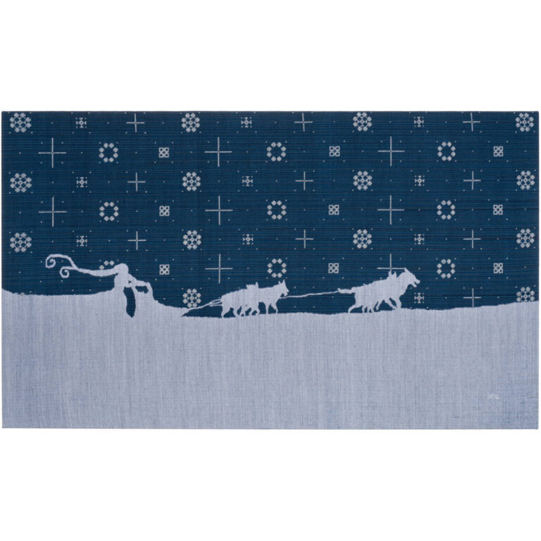 The picture shows a work of art in which a dogs pull a girl in a sledge on the snow.