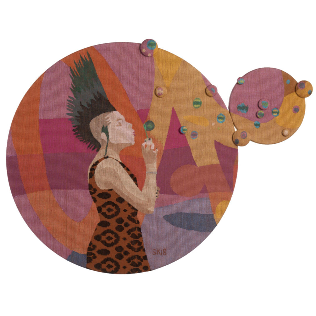 The picture shows a textile artwork in which a young punk-style woman blows soap bubbles.