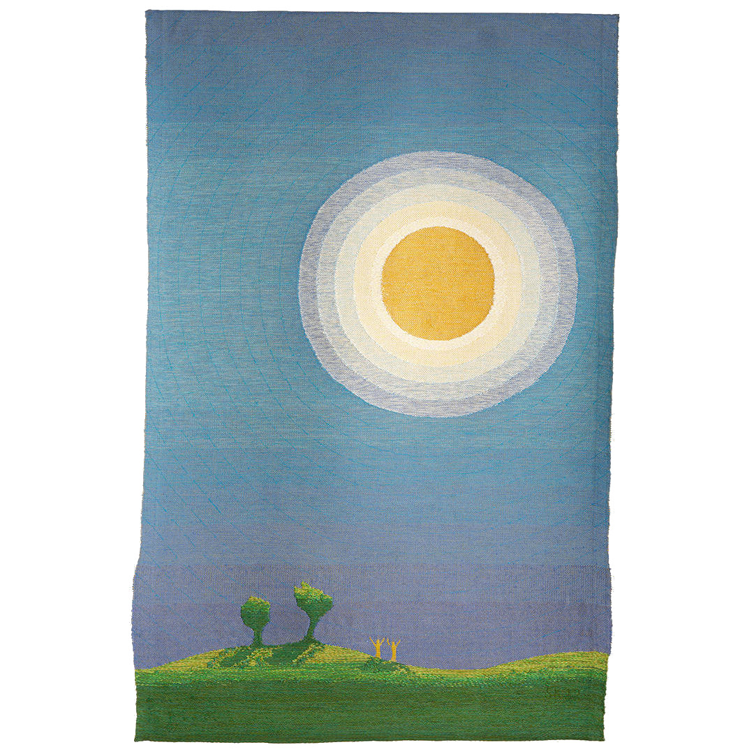The picture shows an artwork with the subject of a sun shining above the meadow with two trees and two people.