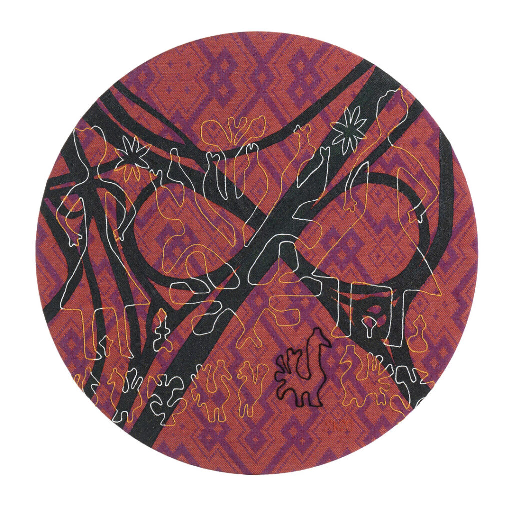 The picture shows a textile artwork with people, plants and animals patterned according to folk embroidery.