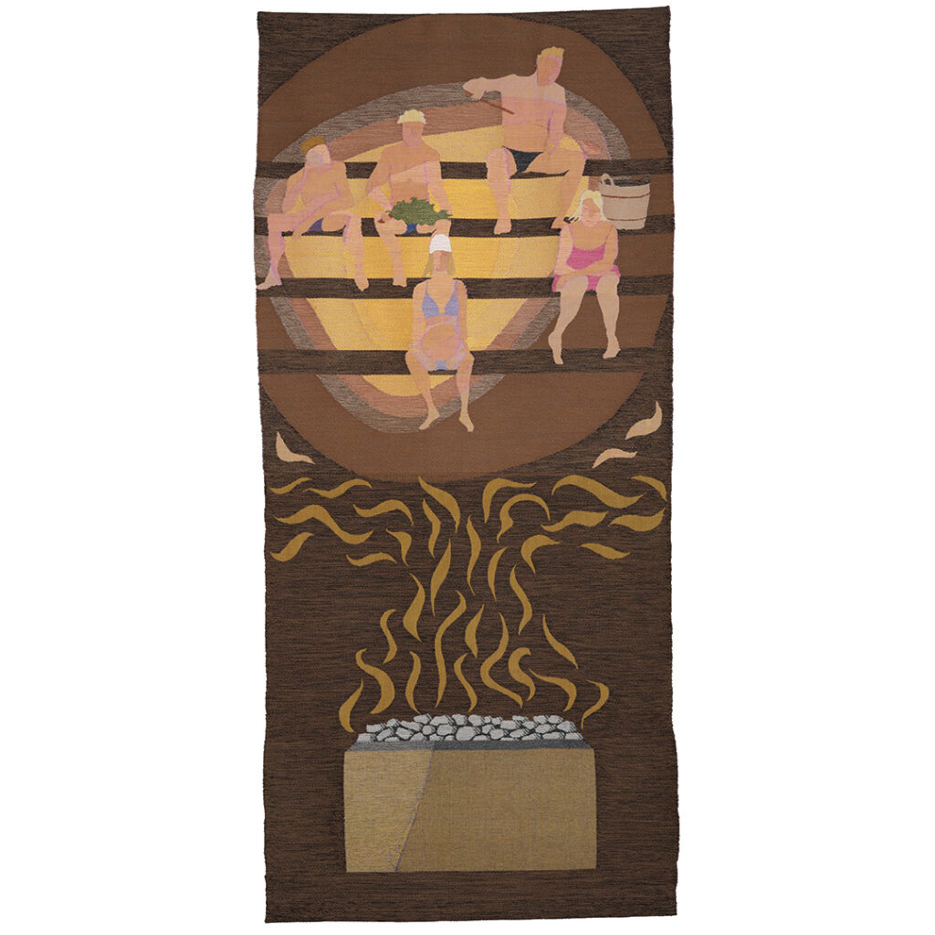 The picture shows a textile artwork, the subject of which is sauna. The bathers sits in the heat of Sauna stove.
