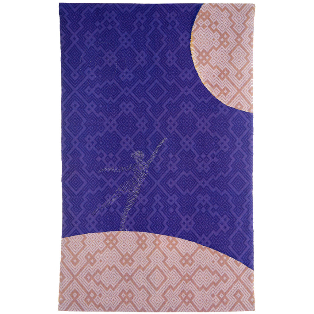 The picture shows a textile artwork where a woman is reaching towards the moon.