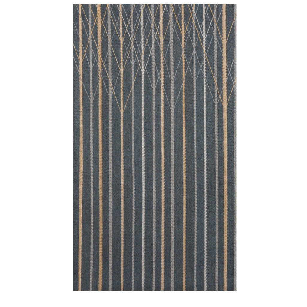The picture shows a woven artwork depicting a forest on the shore of Lake Kalliojärvi.